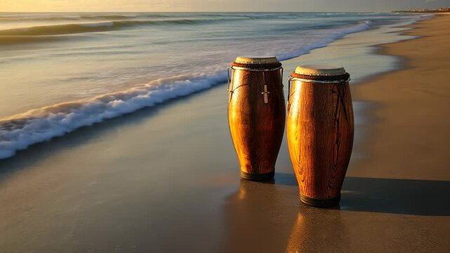 Two conga drums stand on the beach near gentle waves at golden hour, casting long shadows