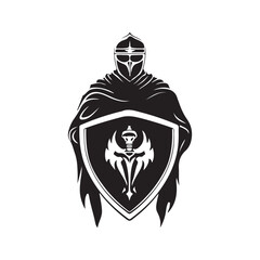 Vector illustration of a brave soldier holding a shield in a battle-ready posture, showing strength and courage isolated on white background.