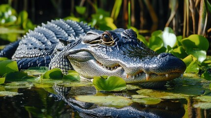 Obraz premium American alligator resting in a pond covered with lily pads in everglades
