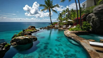 Tropical infinity pool resort overlooking the ocean, with waterfall and sunbeds