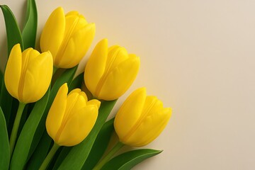 Obraz premium Cheerful Yellow Tulips on Cream Background A Sunny Floral Arrangement for Springtime Decor and Design Projects