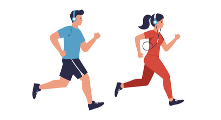 Active Couple Jogging with Headphones on a White Background