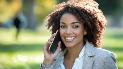 Smiling woman talking on the phone in a park during autumn, with blurred trees in the background - Powered by Adobe