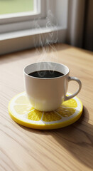 Funny fake food theme hot black tea coffee cup on lemon slice shaped coaster unique design sunlight from window morning creative humor