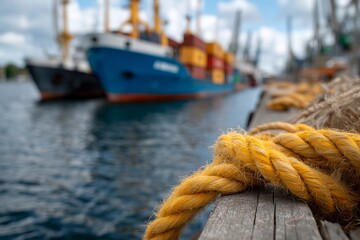 Fototapeta premium Cargo Ship Close-Up Showing Cranes, Loading Bay, Container Locks, Ship Hull Details and Ropes with Blue Ocean Backdrop, Midday Lighting, Maritime Transport, Shipping Industry, Industrial Cargo Vessel