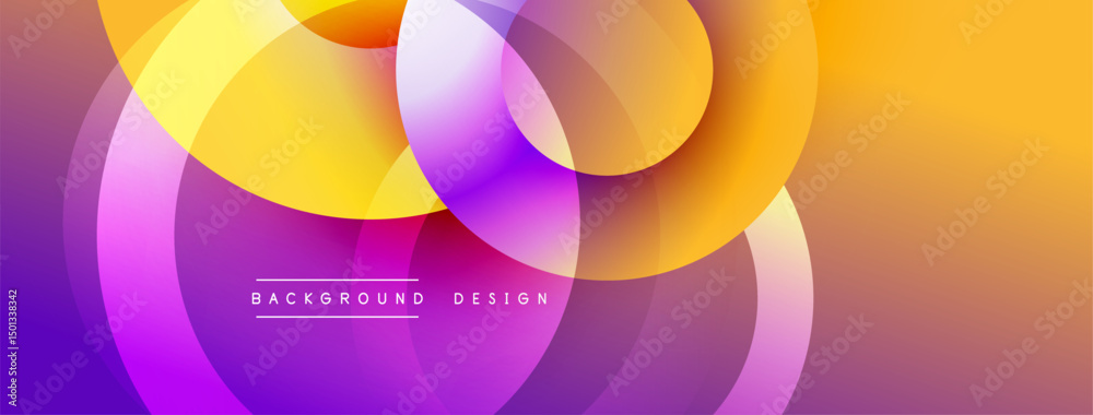 Poster Abstract vibrant background. Overlapping circles create dynamic gradient effect. Purple, orange, yellow hues dominate composition. Modern design element.