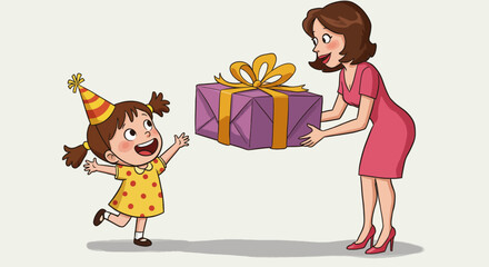 Excited Child Receives Gift from Mother on Her Birthday Celebration