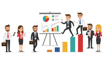 Illustrated business team presenting growth charts and financial data analysis