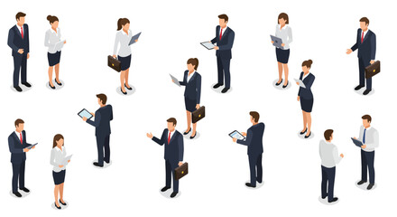 Obraz premium Isometric Business Professionals Diverse Group with Tablets Briefcases and Documents