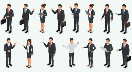 Isometric Business Professionals in Various Poses Representing Diverse Roles