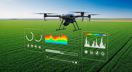 AI drone monitors crops precision agriculture smart farming technology concept aerial view green agricultural field future farming innovation.