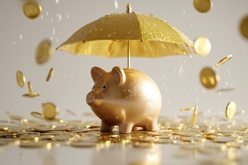 Glossy Piggy Bank Under Golden Umbrella with Motion-Captured Coinfall, Symbolic Savings Concept, High-Key Lighting, Financial Protection, Money Safety, Wealth Management, Investment Security