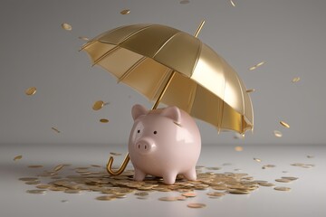 Realistic Piggy Bank Under Shiny Gold Umbrella with Falling Coins, Financial Protection and Investment Safety Concept, Neutral Background, Wealth Security, Savings and Finance Symbol