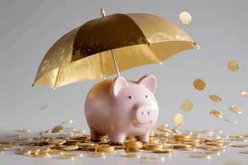 Realistic Piggy Bank Under Shiny Gold Umbrella with Falling Coins, Financial Protection and Investment Safety Concept, Neutral Background, Wealth Security, Savings and Finance Symbol