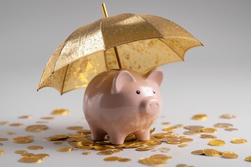 Realistic Piggy Bank Under Shiny Gold Umbrella with Falling Coins, Financial Protection and Investment Safety Concept, Neutral Background, Wealth Security, Savings and Finance Symbol