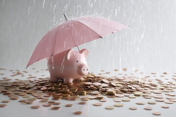 Umbrella Shielding Piggy Bank from Airborne Coins, Golden Tones with Clean Minimalist Background, Wealth Defense Symbol, Savings Management, Financial Protection Concept, Investment Security