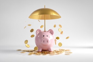 Pink Ceramic Piggy Bank Under Golden Umbrella with Falling Coins, Financial Protection and Savings Security Concept, White Background with Soft Shadows, Money Safety, Wealth Symbol, Investment