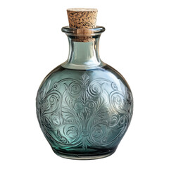 Ornate green glass medieval bottle with cork stopper, isolated on transparent background