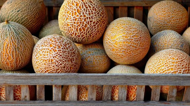 Many cantaloupe melons packed in a wooden crate, showing their textured skin