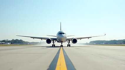 Modern Airliner Positioned on Airport Runway Under Clear Sky