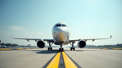 Modern Airliner Positioned on Airport Runway Under Clear Sky