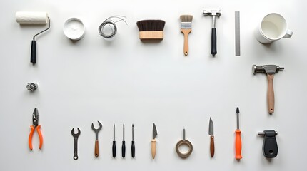 Assortment of craft and diy tools on white background