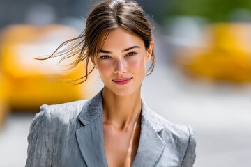Stylish Businesswoman in Gray Suit Walking Through Financial District with Blurred City Workers and Taxis, Confident Poised Stride, Urban Finance Environment, Corporate City Life, Business Scene