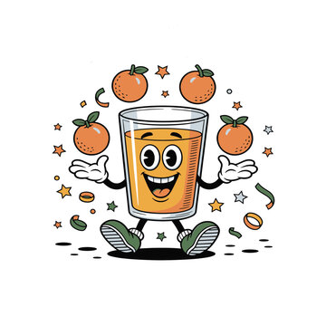 Cheerful orange juice character juggling oranges at a festive celebration