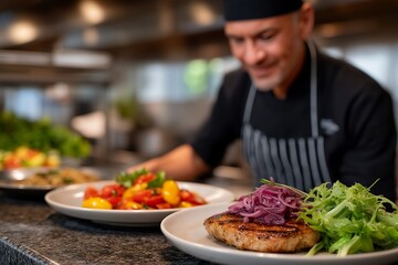 Bustling Restaurant Kitchen with Multiple Food Prep Stations, Chefs Working in Harmony, Kitchen Porter Stacking Plates, High-End Equipment, Focused Culinary Team, Professional Cooking Environment