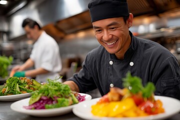 Busy Commercial Restaurant Kitchen with Chefs Plating Gourmet Dishes, Kitchen Porter Cleaning Surfaces, Waitstaff Passing By, Stainless Steel Appliances, Bright Overhead Lighting,