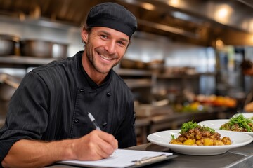 Chef Calling Out Orders with Clipboard, Food Runners Grabbing Plated Meals, Kitchen Heat Lamps Glowing, Steel Counters Shining, Rush Atmosphere in Busy Restaurant Kitchen, Culinary Teamwork