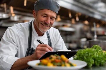 Chef Calling Out Orders with Clipboard, Food Runners Grabbing Plated Meals, Kitchen Heat Lamps Glowing, Steel Counters Shining, Rush Atmosphere in Busy Restaurant Kitchen, Culinary Teamwork