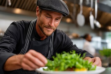 Chef Carefully Placing Herbs on Plated Entrée with Kitchen Porter Working Behind, Gleaming Metal Surfaces and Hanging Utensils, Vibrant Culinary Environment, Professional Kitchen, Food Preparation