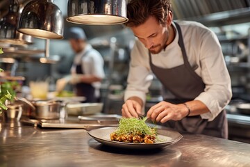 Chef Carefully Placing Herbs on Plated Entrée with Kitchen Porter Working Behind, Gleaming Metal Surfaces and Hanging Utensils, Vibrant Culinary Environment, Professional Kitchen, Food Preparation