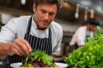 Chef Carefully Placing Herbs on Plated Entrée with Kitchen Porter Working Behind, Gleaming Metal Surfaces and Hanging Utensils, Vibrant Culinary Environment, Professional Kitchen, Food Preparation