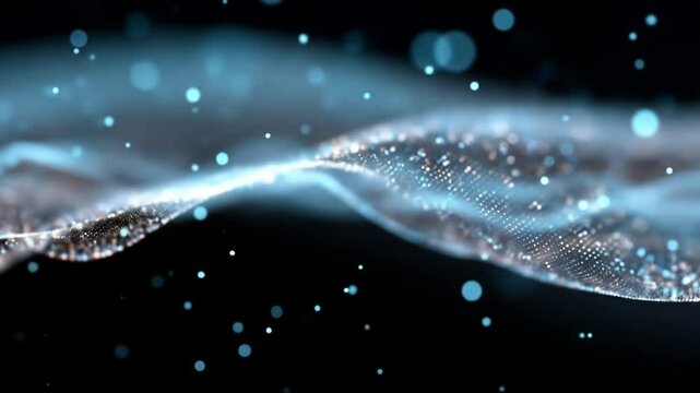 Particle-based digital sound visualization with thousands of tiny illuminated dots forming undulating waves, moving in sync with simulated audio frequencies