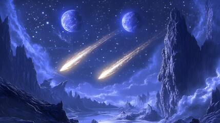 Twin comets crossing paths above a surreal alien landscape