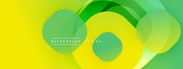 Abstract geometric shapes overlap. Yellow, green gradients create dynamic visual effect. Modern design suitable for backgrounds, banners.