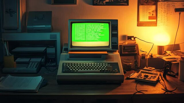 A computer monitor is lit up with a green screen. The computer is on a desk with other items such as a keyboard, mouse, and a printer. The room is dimly lit, giving the impression of a cozy