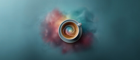 Colorful cosmic swirl within a steaming coffee cup on a gradient background showcasing artistic design and vibrant hues