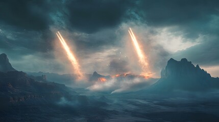 Twin comets crossing paths above a surreal alien landscape