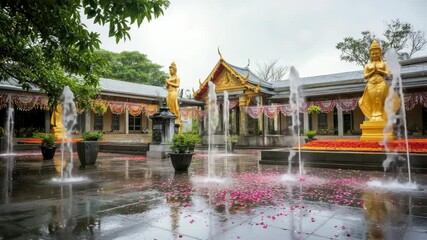 Golden statues and fountains in serene temple courtyard with flower petals - Powered by Adobe