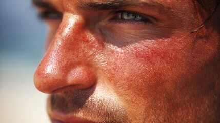Man with irritated red skin after sun tanning, showing visible sunburn and skin damage. Concept of UV overexposure, sensitive skin, and health risk under strong sunlight