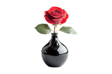 Red rose on black vase isolated on a transparent background.