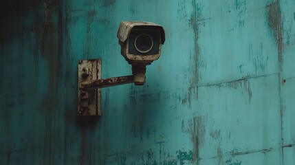 A rusty, old wall-mounted surveillance camera in an abandoned location, eerie mood