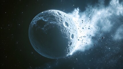 A comet crashing into a moon, sending dust into space