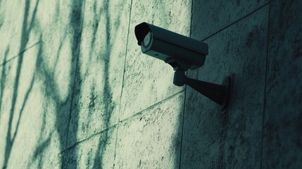 Side view of a bullet-style security camera on a gray cement wall, day lighting