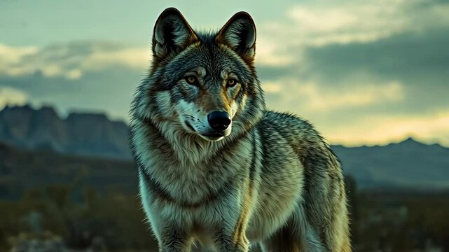 Majestic Gray Wolf Standing Alert in a Desert Landscape, Wildlife Portrait with Mountains and Cloudy Sky Background