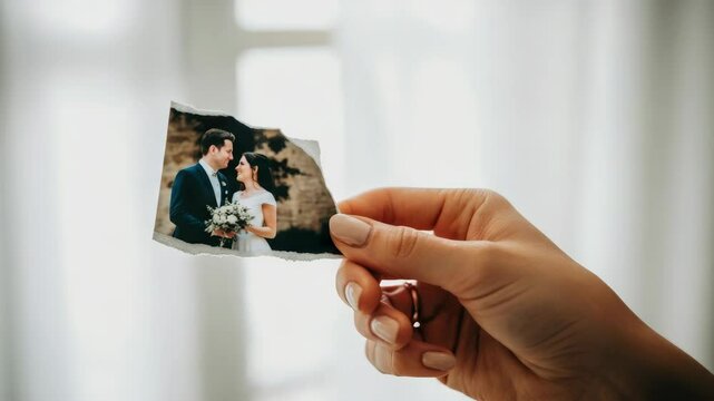 Hand holding torn wedding photo of bride and groom