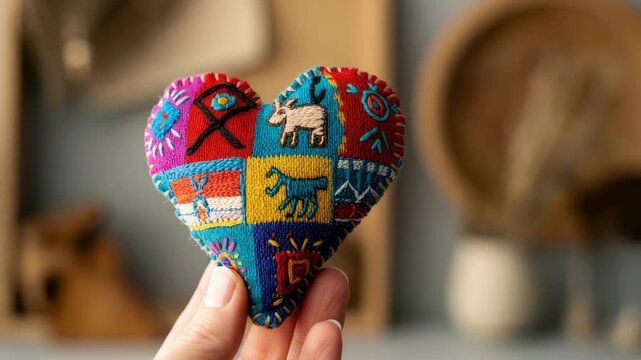 Colorful embroidered heart-shaped ornament held in hand, showcasing intricate patterns